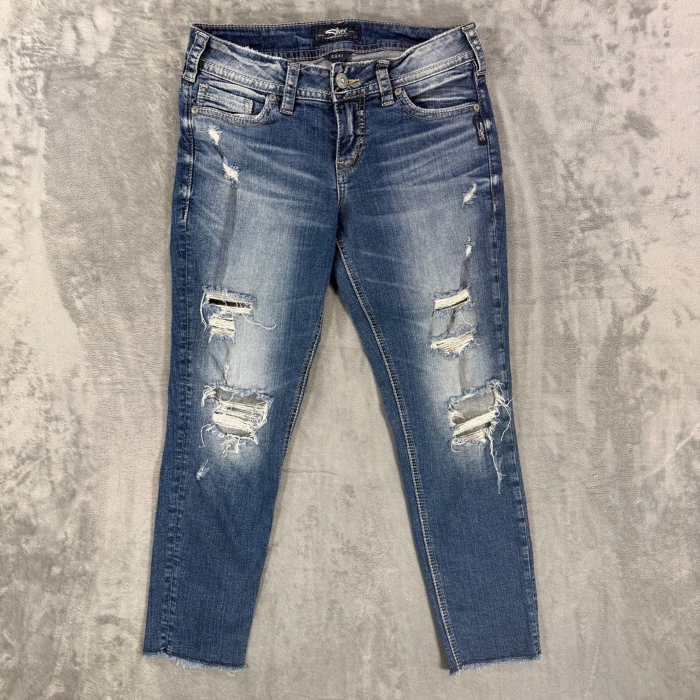 Silver Jeans Suki Skinny Crop Jeans Women's Size 29/8P Blue Distressed‎ Denim